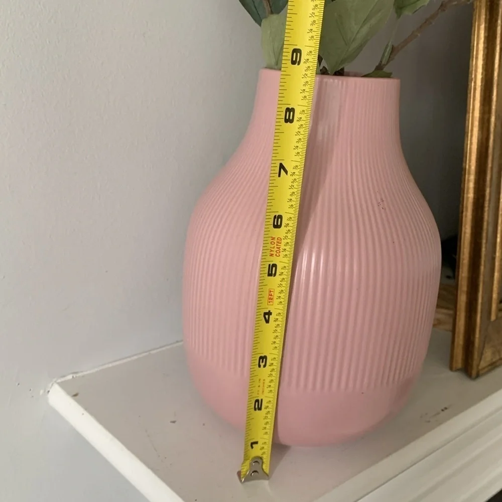 Ikea Gradvis MCM Vase‎ 9” Tall Light Pink Glazed Ribbed Modern Stoneware